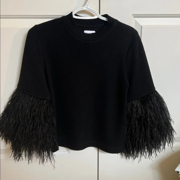 NWOT SAYLOR Black Knit Top with OSTRICH Feather Sleeves XS - Picture 1 of 5